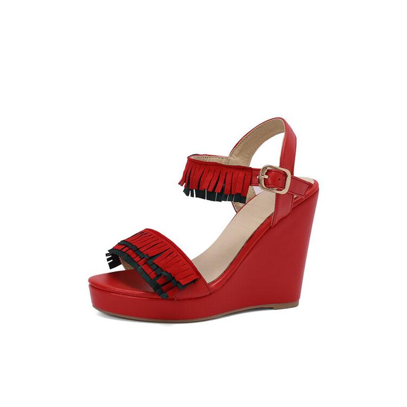 Women Wedges Sandals Large Size 34~43 Summer Flock Sandals Tassel Decorate Ankle Strap High Heels Dress Platform Shoes WSH5055