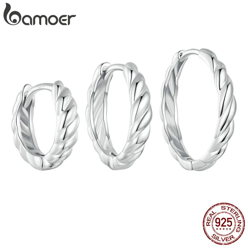 BAMOER 925 Sterling Silver Twisted Rope Huggie Earrings White Gold Plated Lightweight Round Hypoallergenic Hoop Earrings