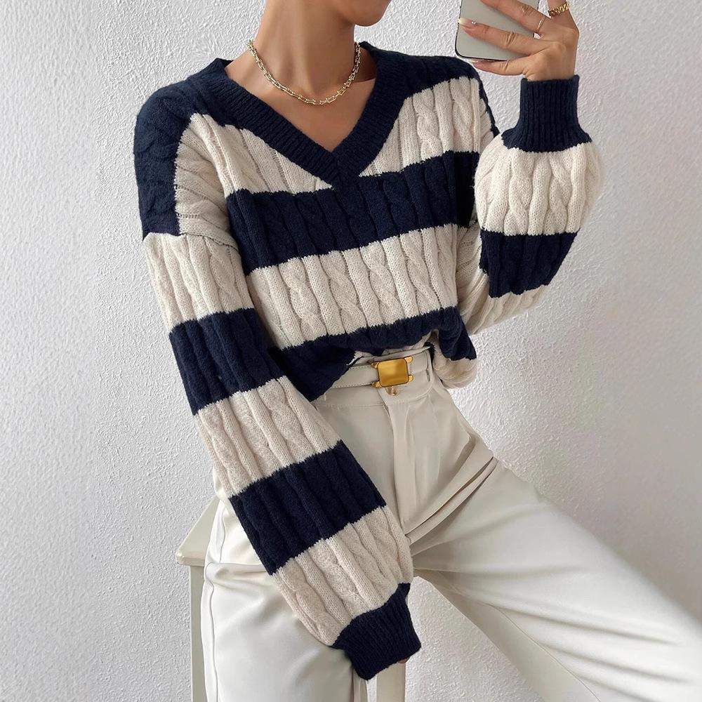 Autumn Winter V-neck Retro Color Block Stripe Knit Sweater for Women