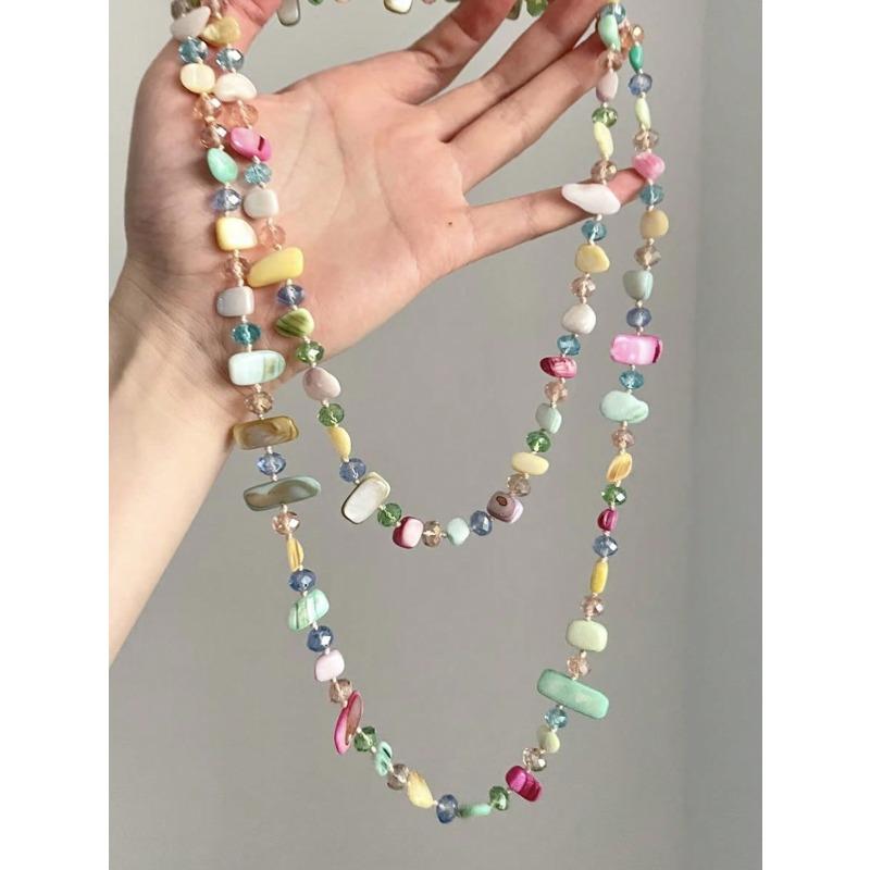 Lady's Retro Necklace, Bohemian Colored Shell Beaded Double-Layer Necklace, Retro Light Luxury Holiday Long Necklace That Can Be Stacked, The Colors O