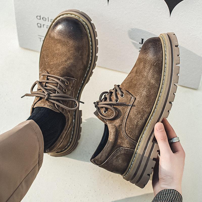 Spring new products men's leather shoes pigskin British retro low-top thick-soled heightening non-slip casual tooling shoes men's versatile