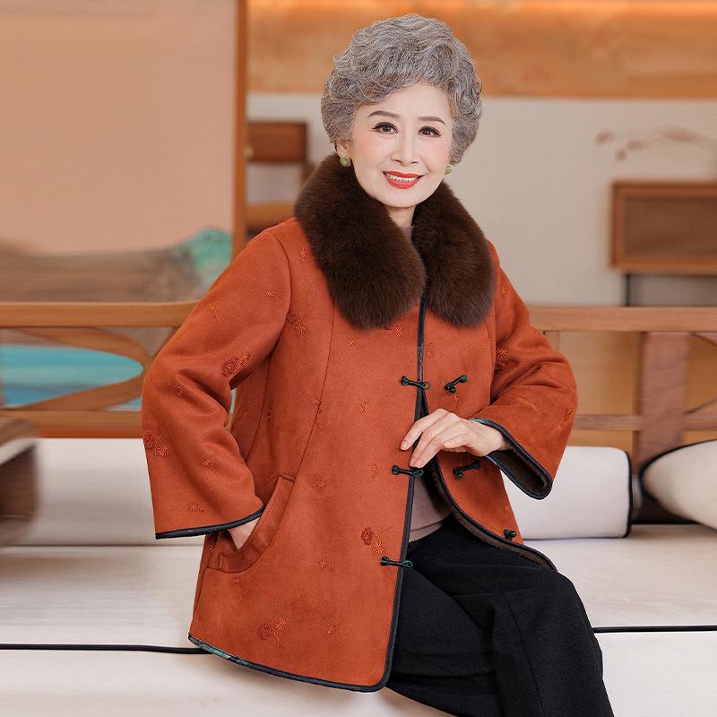 2025 New Chinese Style Faux Mink Velvet Coat for Middle-Aged & Elderly Women - Autumn/Winter Leather-Fur Blend
