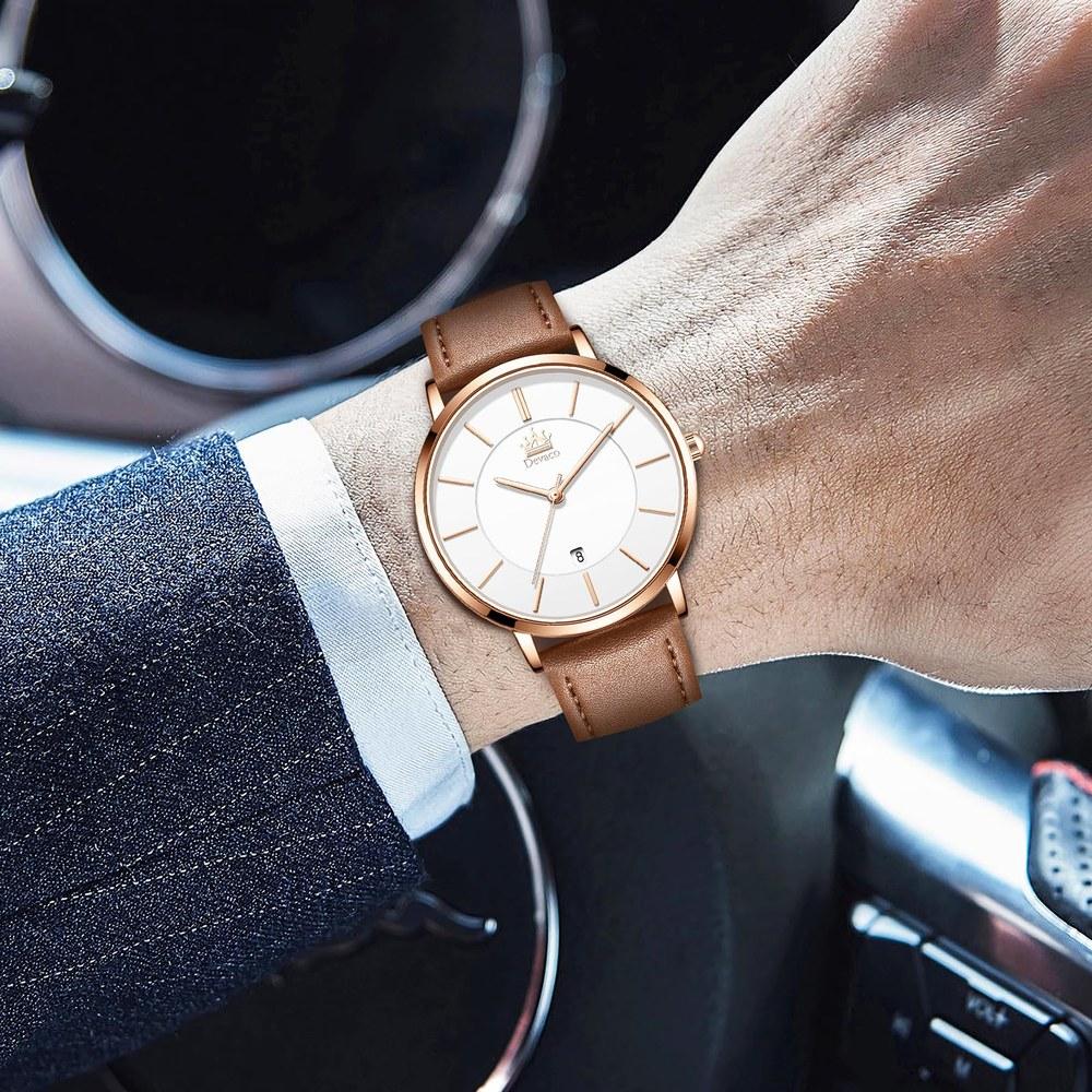 Devaco Men's Ultra-Thin Casual Business Watch 6.5mm Quartz Dial 40mm Leather Band Unisex