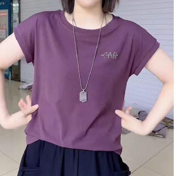 

2025 summer fashion hot diamond letter short-sleeved t-shirt women s casual loose and thin solid color versatile age-reducing top tide M фиолетовый
