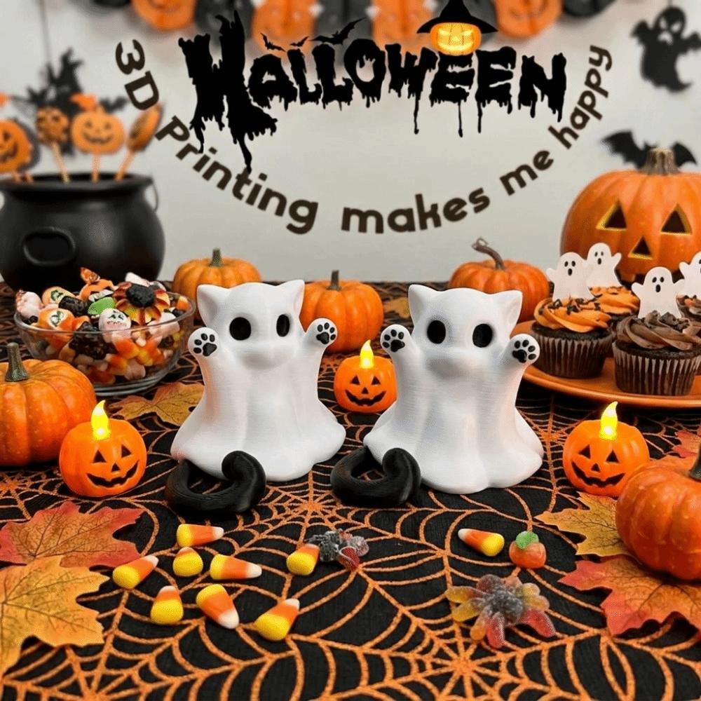Hand-Raising Posture Ghost Cat Ornament 3D-printed Halloween Cat Desk Figurine Office