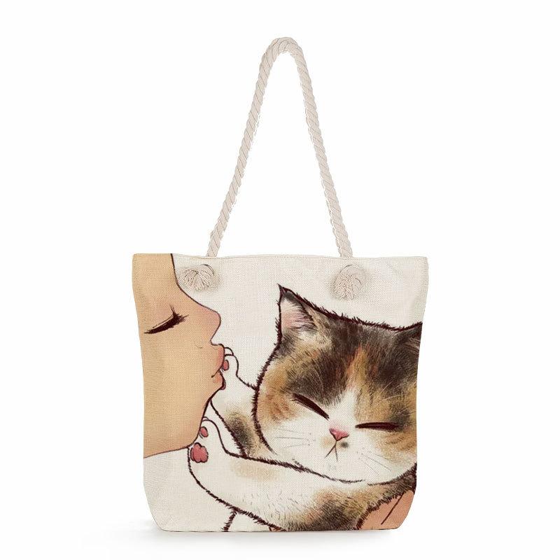 Multifunctional Cute cat Printed Thick Rope Shoulder Beach Bag 7584