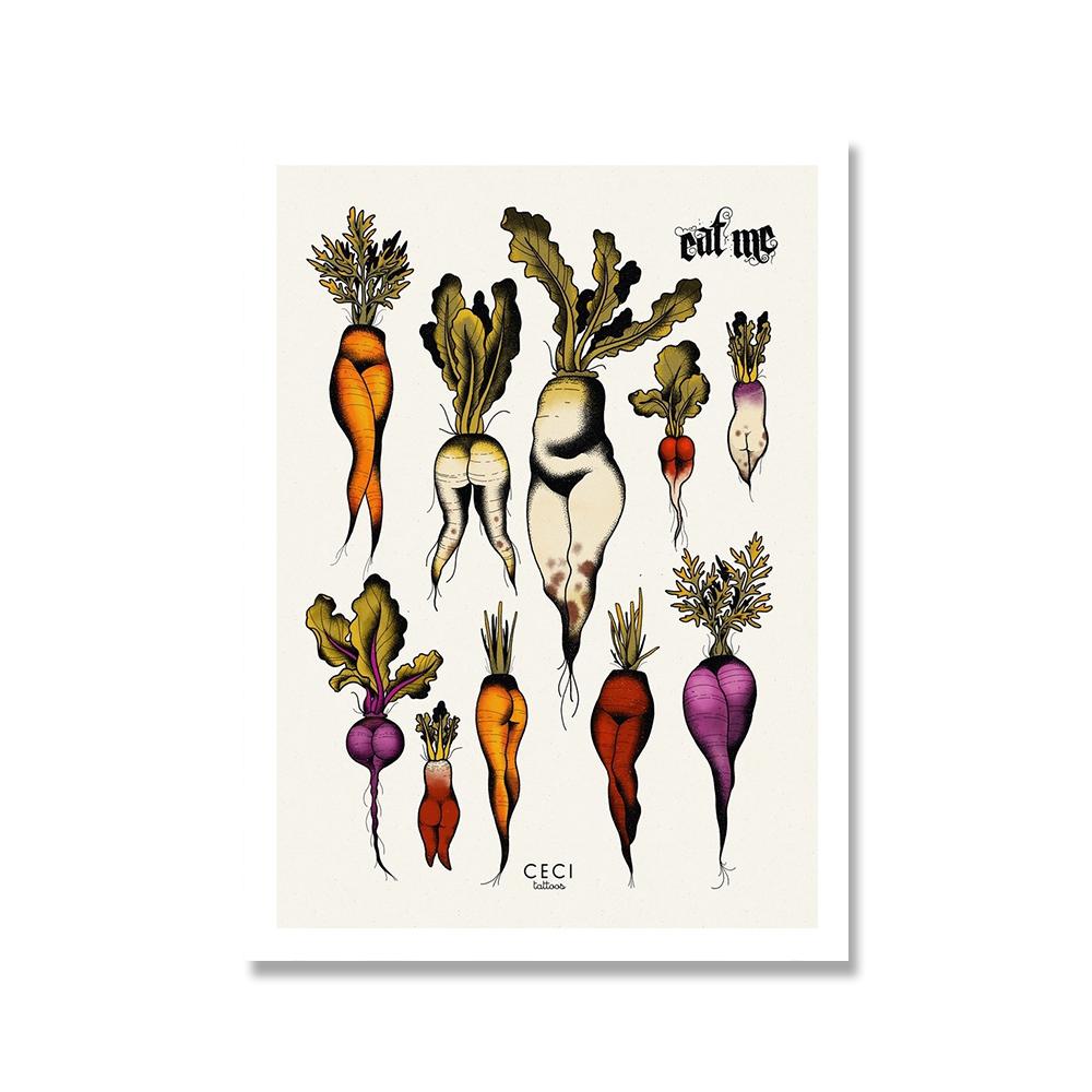 Funny Abstract Canvas Poster Mushroom Carrots Butt with Sexy Woman Leg Prints Vintage Wall Art Picture for Bedroom Home Decor