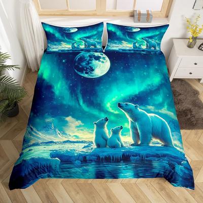 Capa de Edredom Aurora Tamanho Queen Urso Polar Animal do Ártico Capa de Colcha Céu Galáctico Fantasia Roupa de Cama Decoração Quarto Infantil Conjunto de 3 Peças