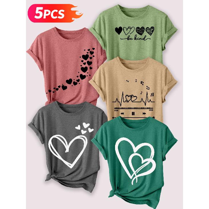 Follow a specific direction Five-piece set for women T Shirt Heart-shaped line art print Summer Casual Elegant Women's Clothing Short Sleeve Top