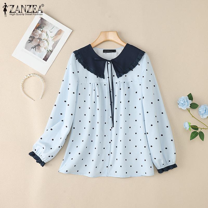 ZANZEA Women Splice Doll Collar Casual Long Sleeve Polka Dot Print Blouse