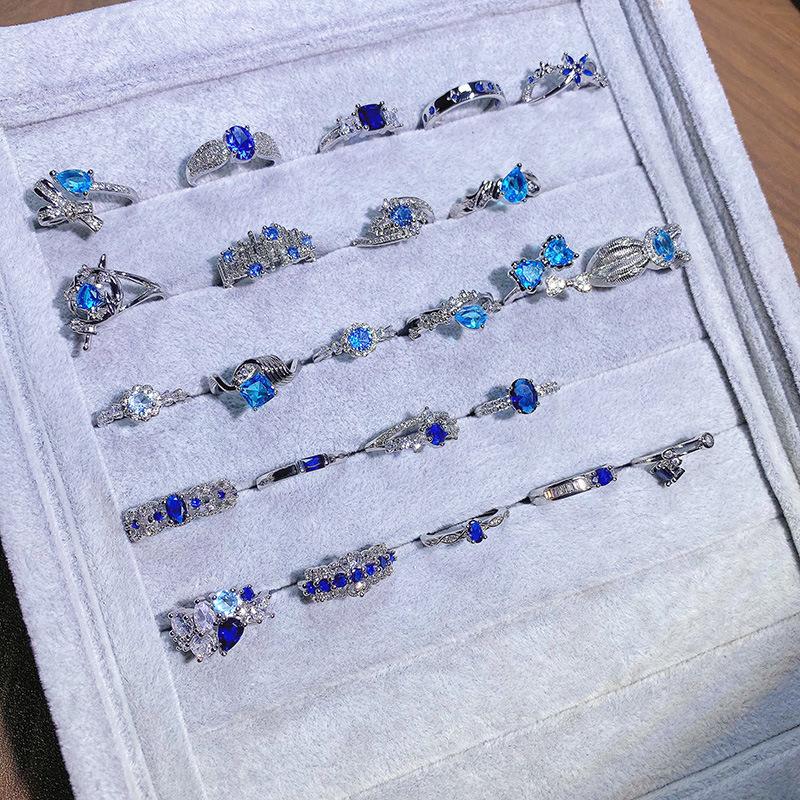 Caibao Personalized Sea Blue Micro-Inlaid Zir*****Pen Ring Female Geometric Niche Light Luxury High-End Ring Female