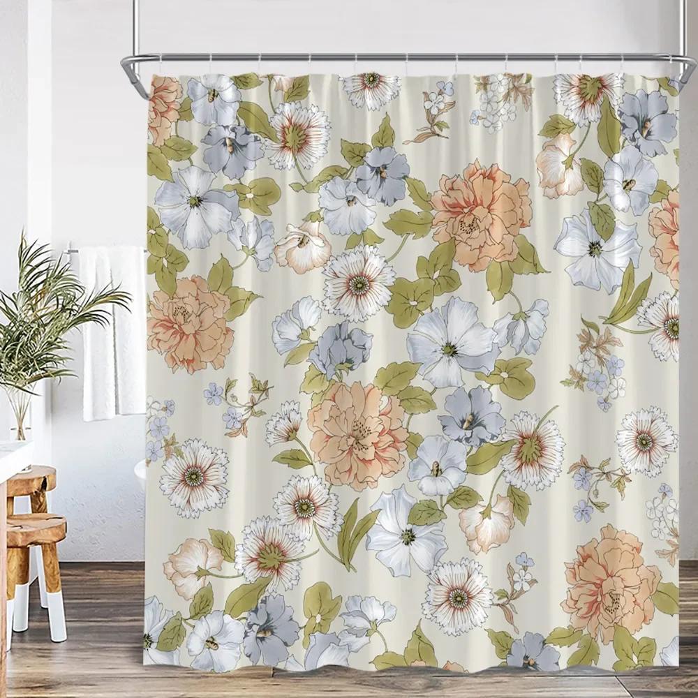 Vintage Floral Shower Curtain Plant Butterfly Floral Bathroom Curtain Decorative Polyester Bathtub Curtain With Hook