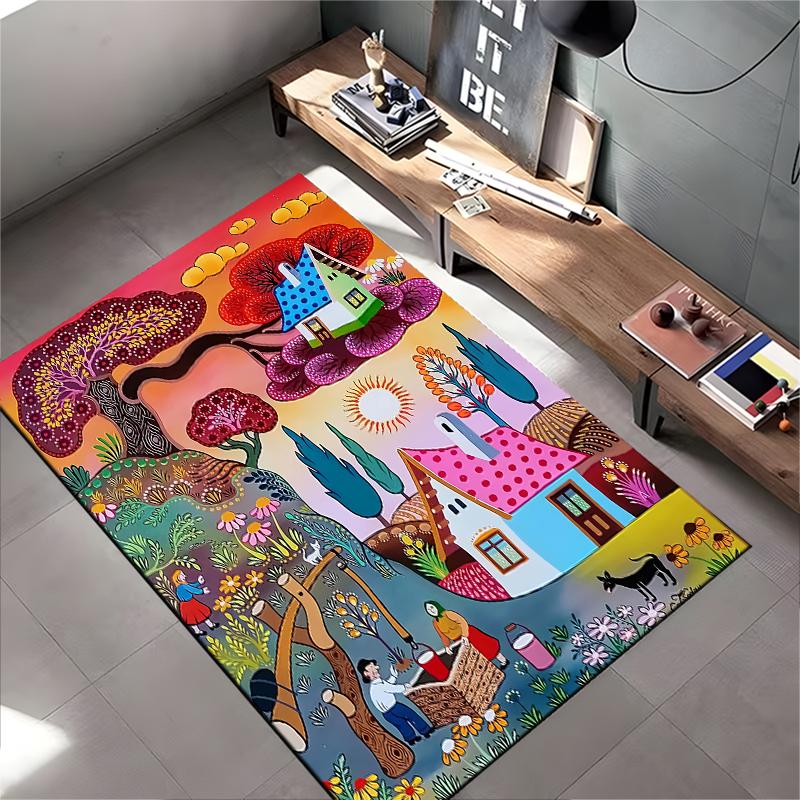 Bunter Zeichentrick-Dorfszene-Teppich mit Häusern, Bäumen und Tieren Geeignet für den Einsatz als Antirutsch-Matte für Wohnzimmer, Schlafzimmer, Sofas