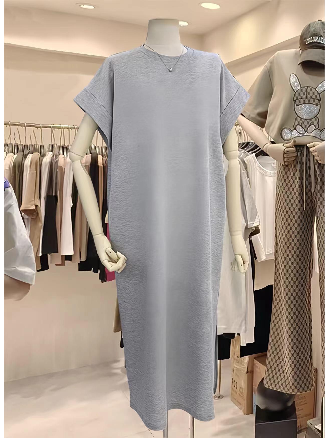 

Женское летнее платье-футболка с коротким рукавом и средней длиной - повседневная юбка выше колена из чистого хлопка, мода больших размеров