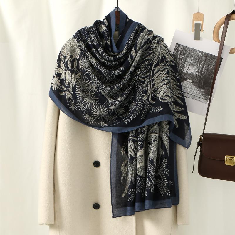 Hot-selling retro popular leaf messy long towel cotton and linen feel advanced leaf printing large size headscarf