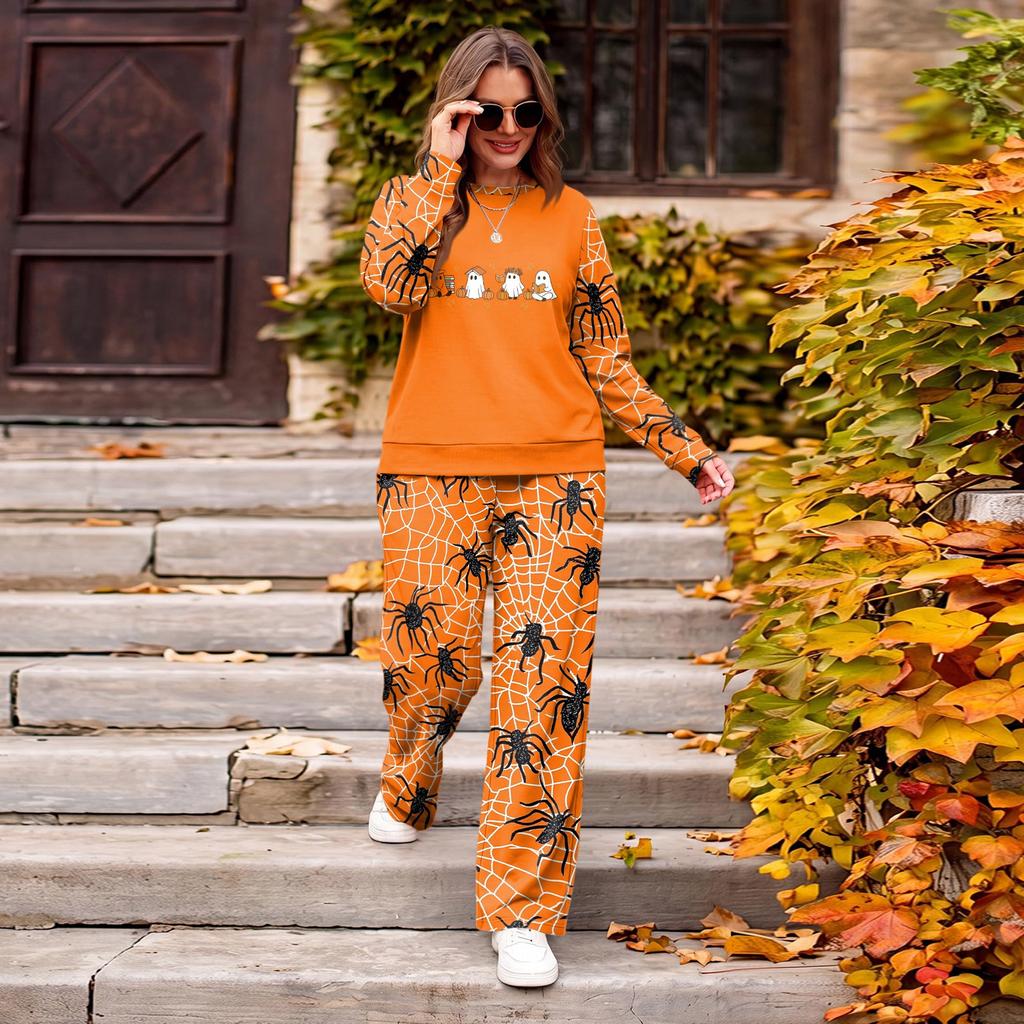 Women's Casual Loose Fit Crewneck Halloween Print Sweatshirt and Pants Set