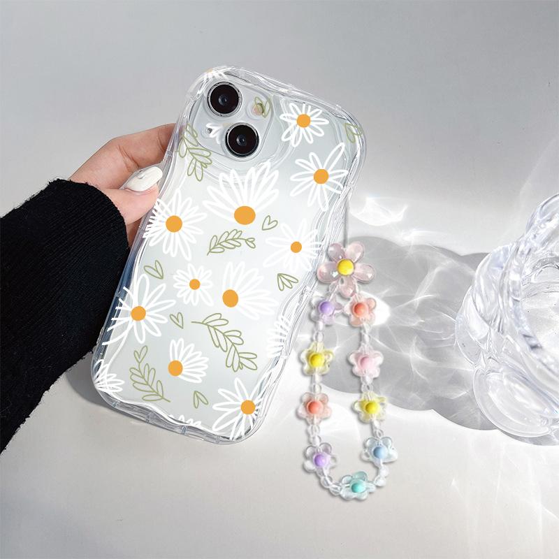 Clear Floral Leaf Chain Strap 3D Wave Case For IPhone 17 16 15 14 13 12 11 Pro Max 17 Pro 17 Air 16e 16 Plus 13 Mini Soft Cover