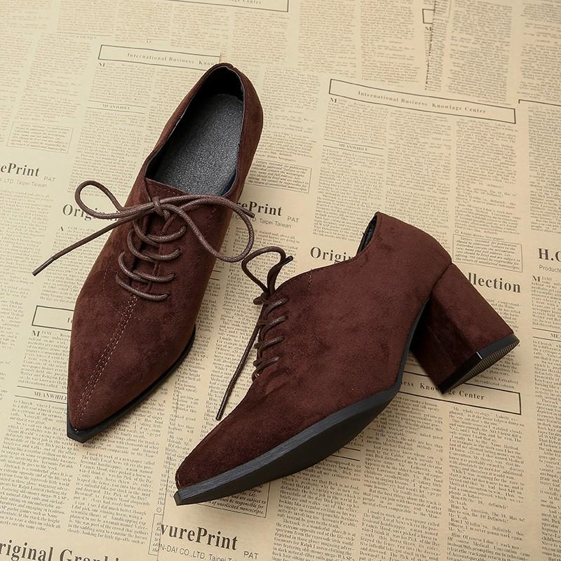 Sheep Suede Comfort Spring Shoes Chunky Heels Oxford Shoes Pointed Toe Lace Up Women Deep Mouth British School Pumps
