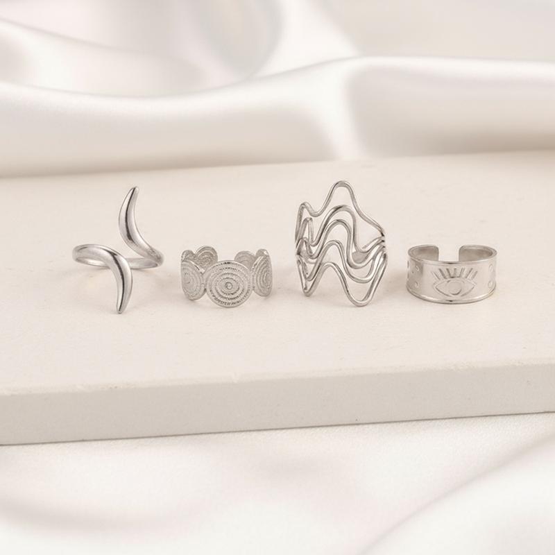 4Pcs Stainless Steel Geometric Ring Set for Women Exquisite Round Threaded Open Rings Vintage Hip-Hop Versatile Jewelry Gift New