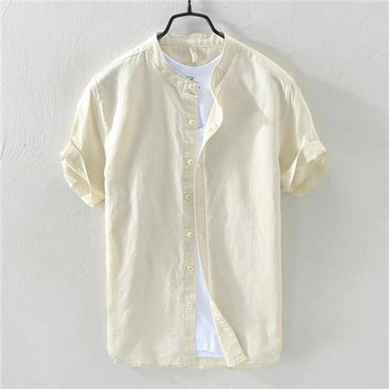 Men's Dark Blue Stand-Up Collar Linen Shirt: Short-Sleeved, Retro, Breathable, Casual, Japanese Style