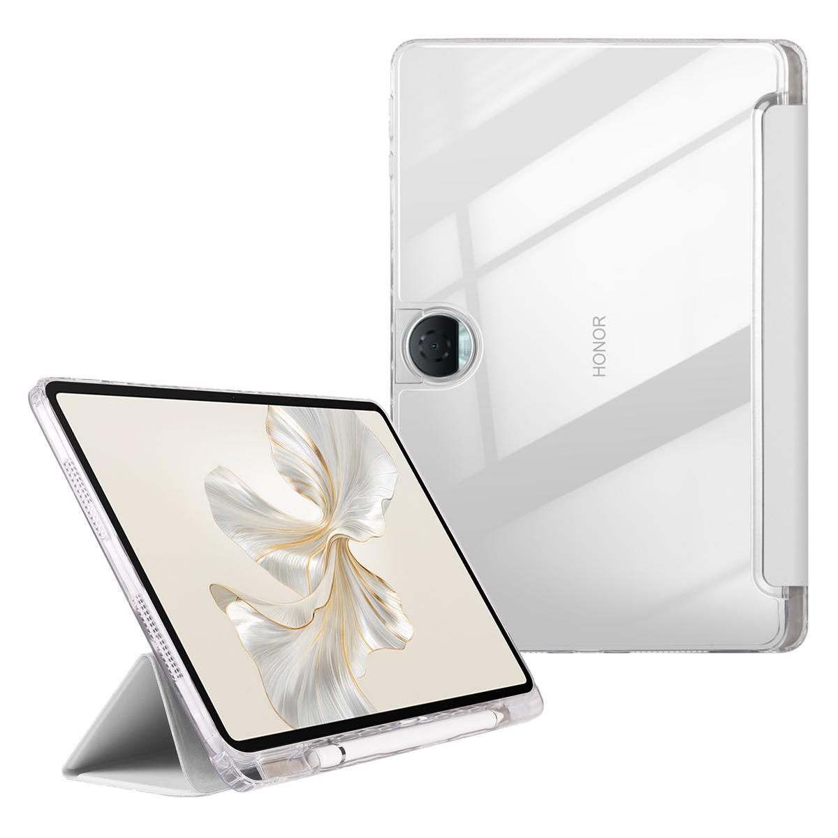 

For Honor Pad 9 Case Tri-Fold Stand Leather+TPU+Acrylic Clear Back Tablet Cover Grey