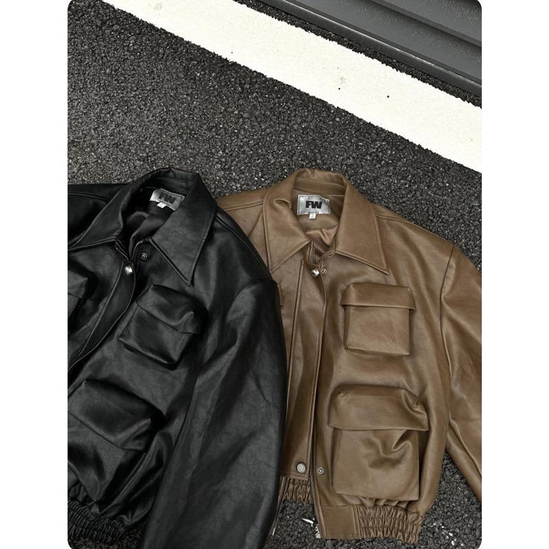 American retro high-end silhouette short leather jacket men's and women's multi-pocket lapel ruffian handsome fried street motorcycle leather jacket