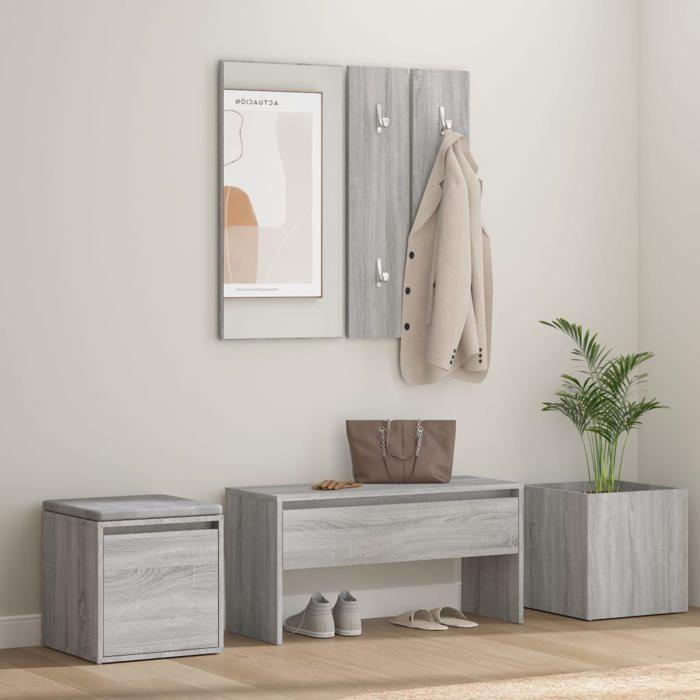 VidaXL Hallway Furniture Set Entry Bench Storage Box Vanity Mirror Coat Rack Sonoma Grey Wood 3120201