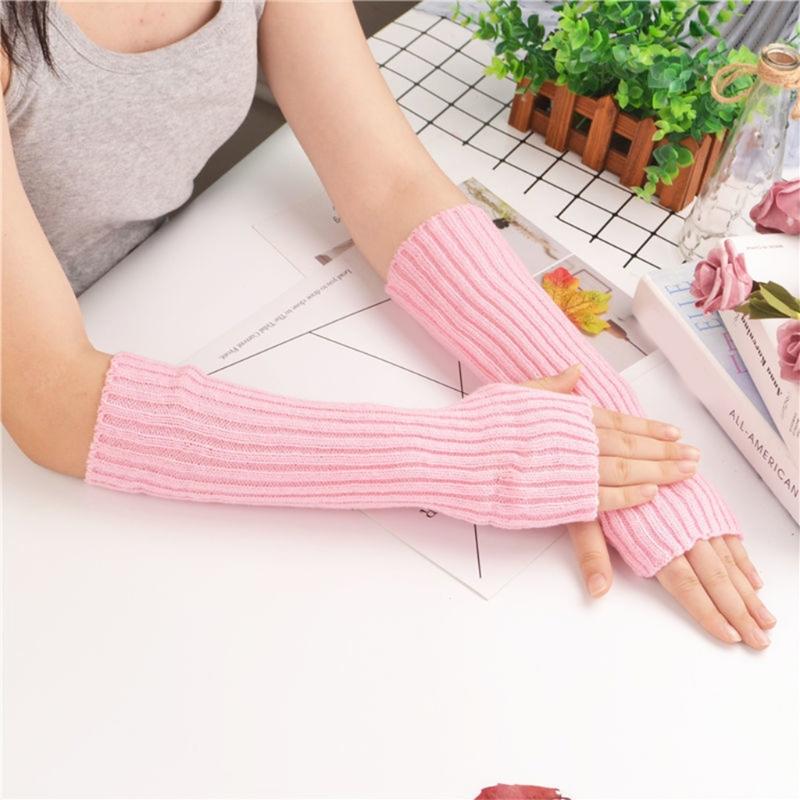 Long Fingerless Gloves Knitted Arm Sleeves Stretchy Arm Cover Thumb Hole Mittens