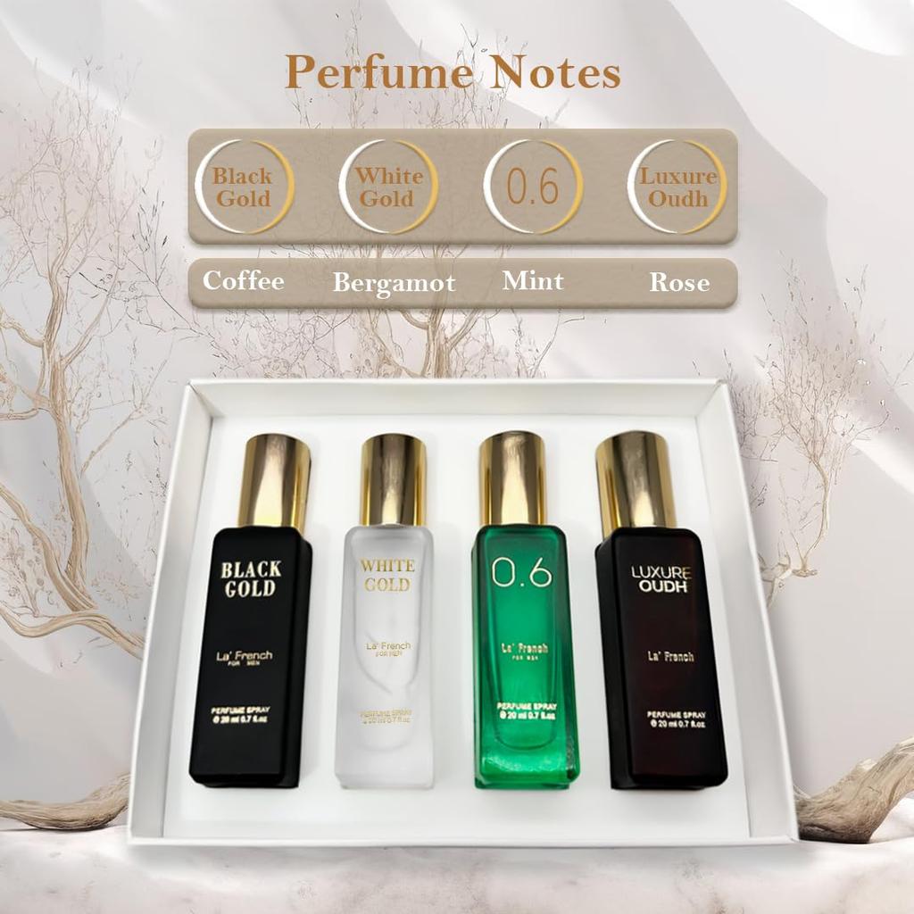 La French Classic Eau De Parfum Gift Set 4 x 20ml for Men | Luxure Oud, White Gold, Black Gold | Best Gift Hamper Set | Long Lasting Fragrance Scent