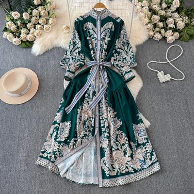Vintage Women's Long Dress Spring Autumn Floral Print Robe Stand Neck Elegant Single Breasted Lace Up Belt Pleated Maxi Dresses
