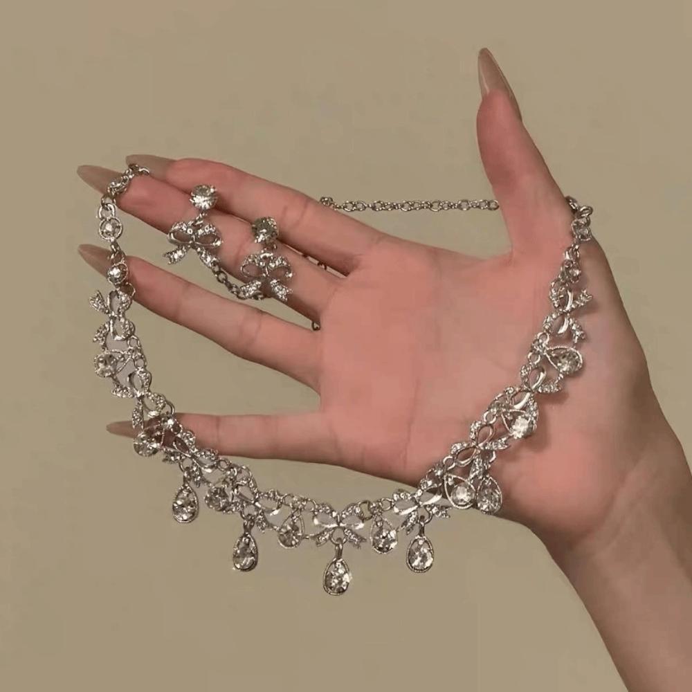 2 pieces Inlaid Necklace Earrings Set Bow Crystal Necklace Set Rhinestone Jewelry Set  Women