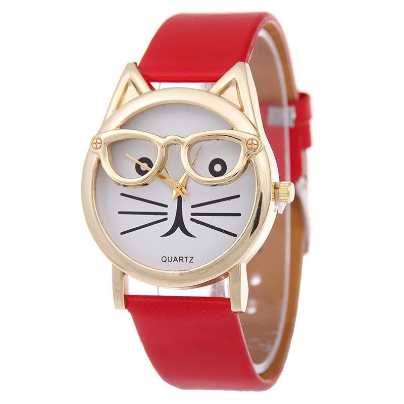 Cat Glasses Face Womens Watch Cartoon Solid Color No Word Gold Frame Daily Wear
