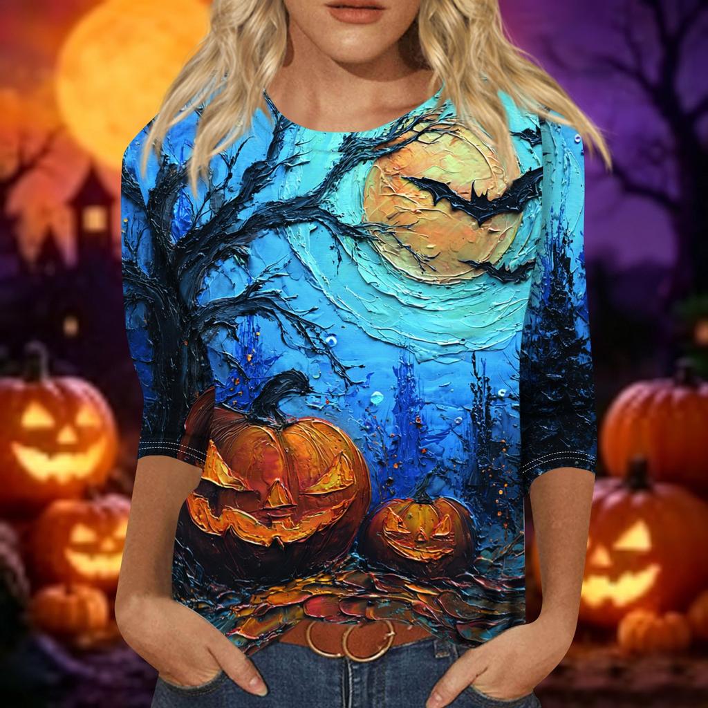 Women's Casual Halloween Print 3/4 Sleeve Round Neck Top for Holiday Party