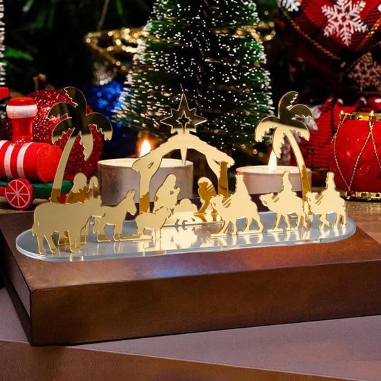 Office Holiday Decor Christmas Acrylic Ornament, Mirrored Golden Silhouette Scene, Decorative Modern Craft Desktop Display for Living Room Fireplace