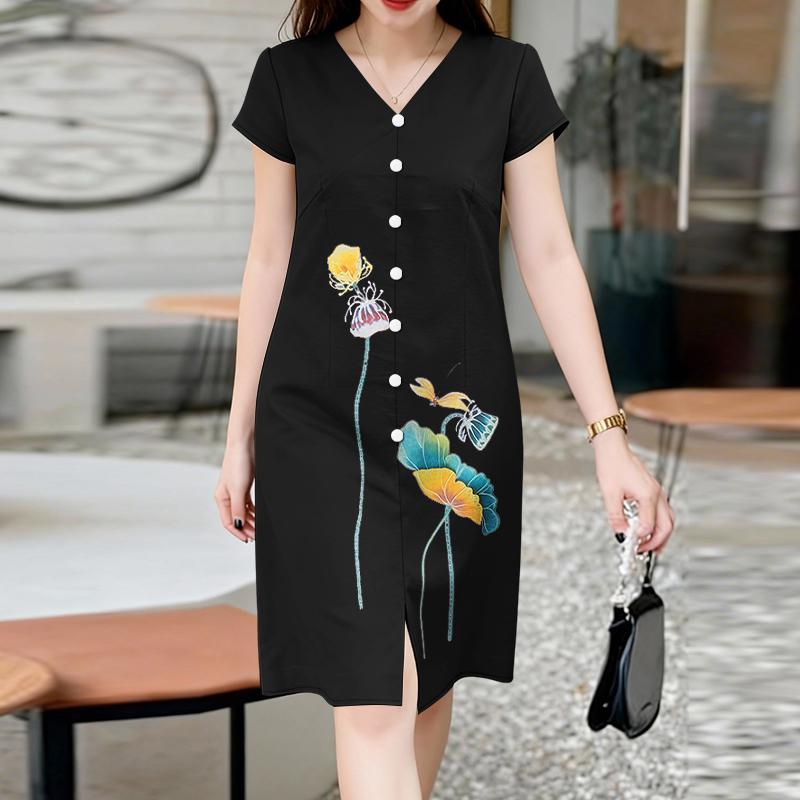 ZANZEA Women Casual V-Neck Short Sleeve Print Sheath Dress S чёрный