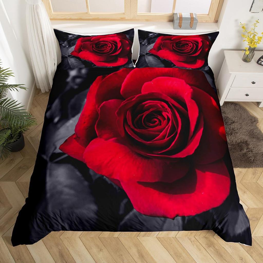 Valentine's Day Duvet Cover Queen Full Red Rose Romantic Flower Duvet Cover Heart Shaped Print Floral Black Soft Comforter Cover