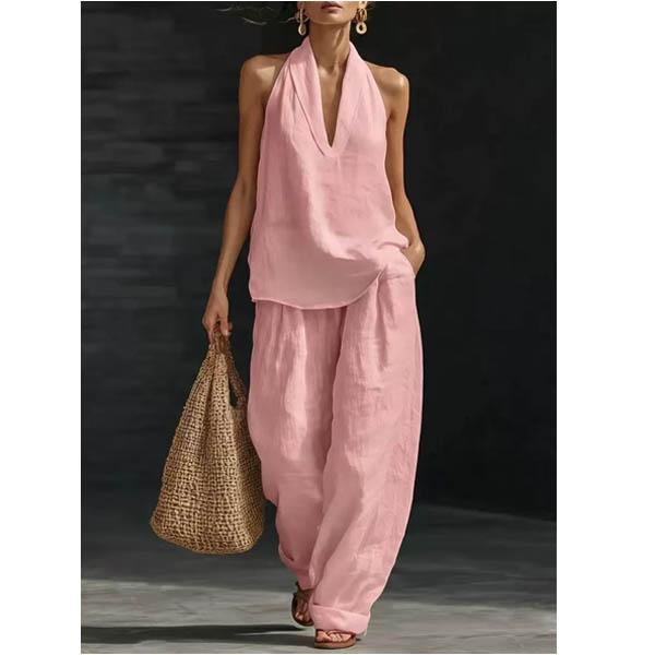Women's Solid-Colored Casual Sleeveless Cotton-Line Tank Top and Wide-Leg Pants