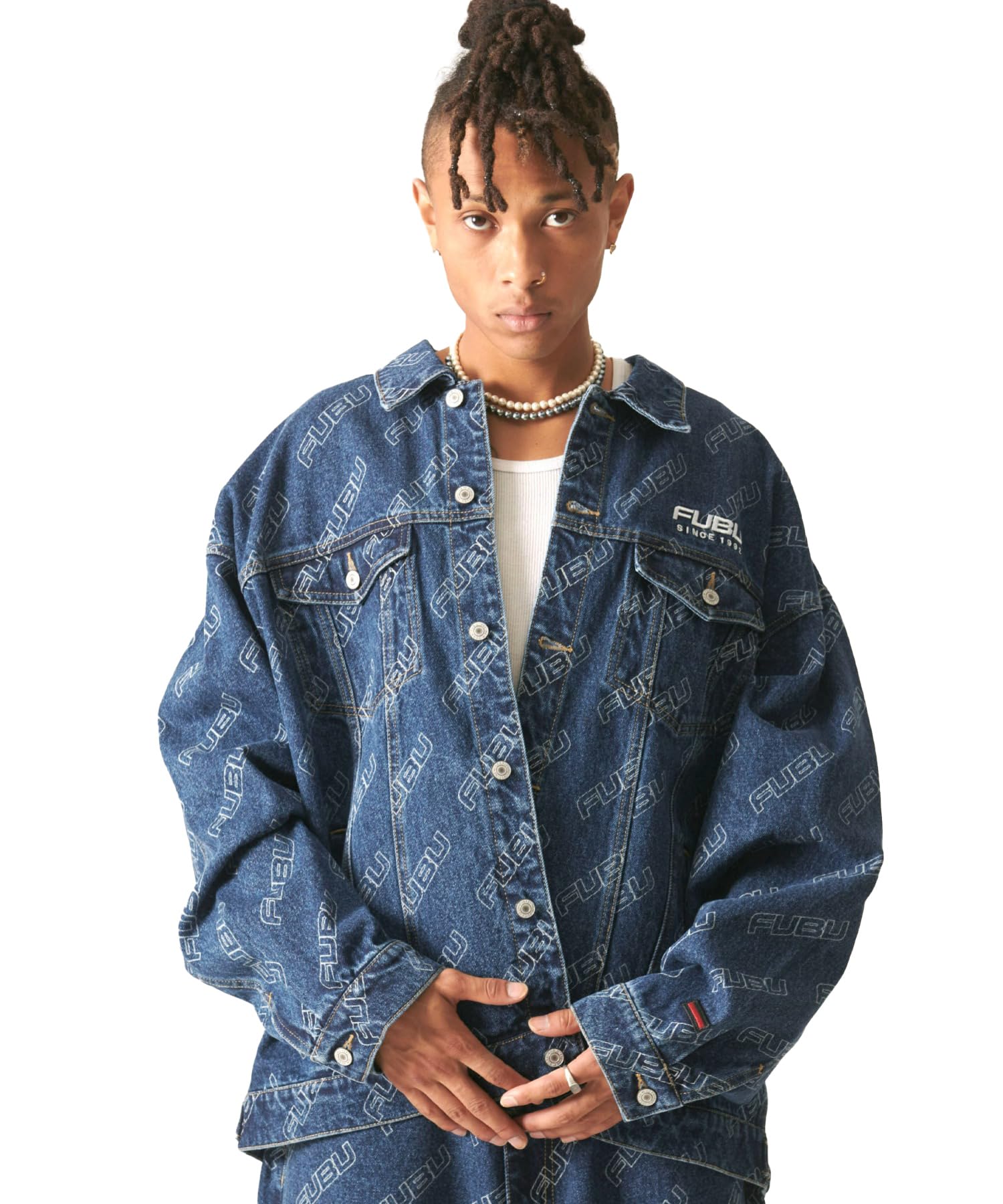 FUBU brand logo embroidered print washed cotton oversized denim all-over jacket/jumper (fam-42308)