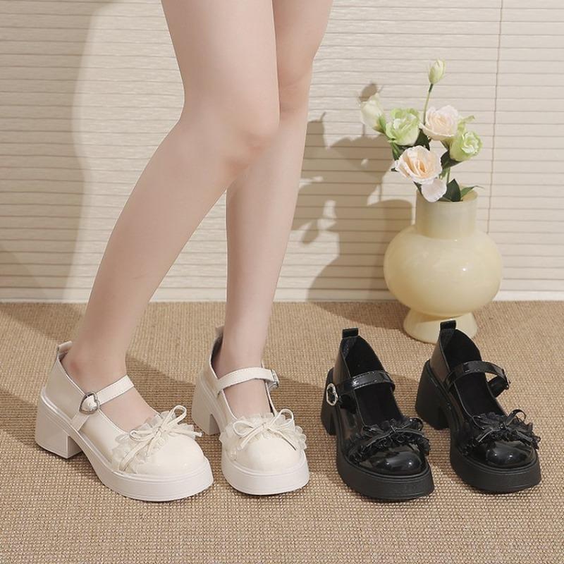 Fashion Ankle Buckle Chunky Heels Bow Women Japanese Style Patent Leather Mary Jane Shoes Woman Punk Thick Heels Single Lolita Shoes