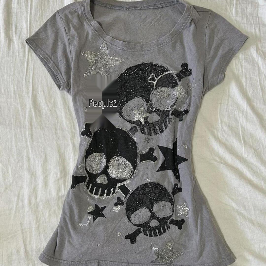 Субкультура Американский Ретро Череп Звезда Принт Приталенный Пояс Короткий Рукав Футболка Medium