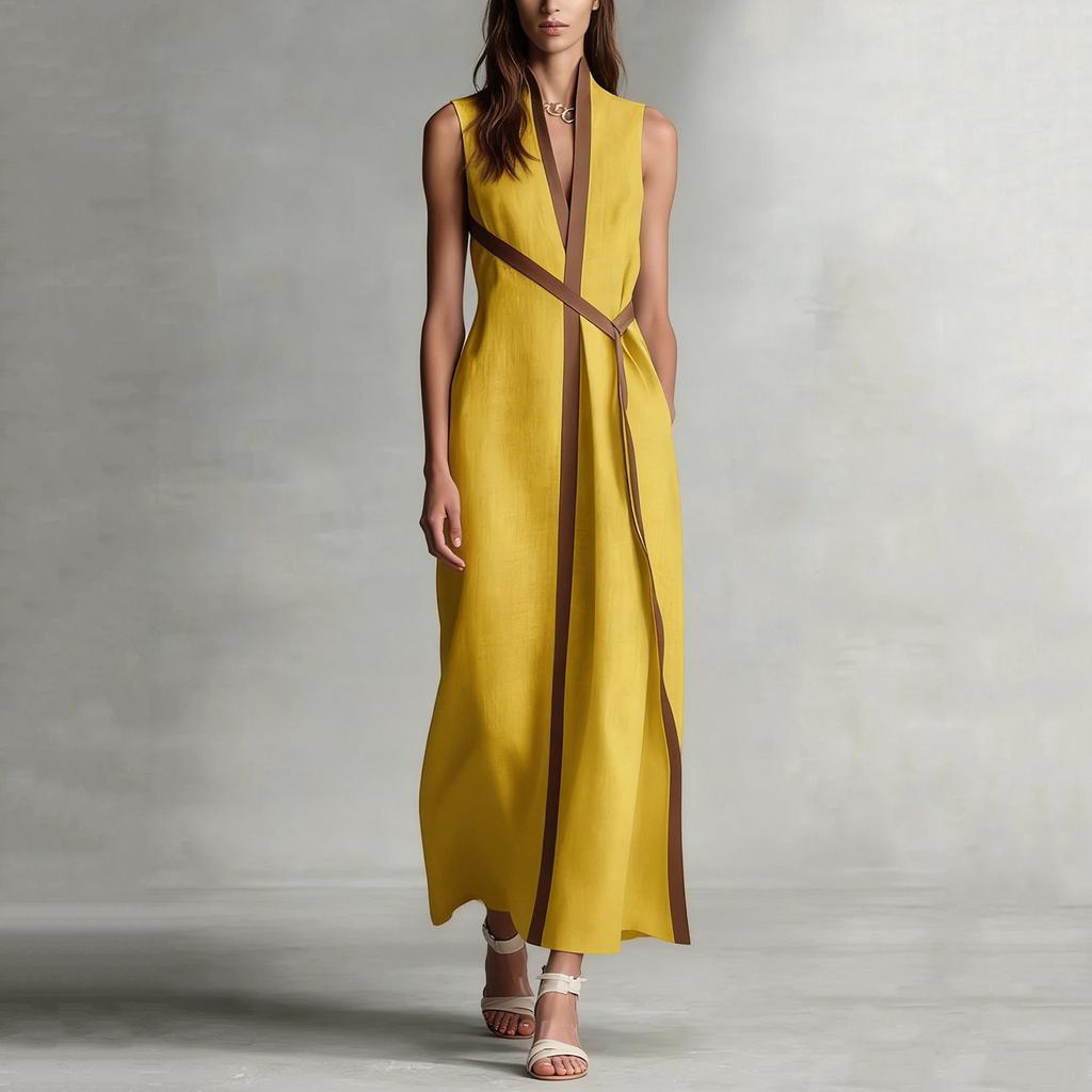 Women's Fashionable Vintage Stand Collar Sleeveless Casual Color-Blocked Loose Dress