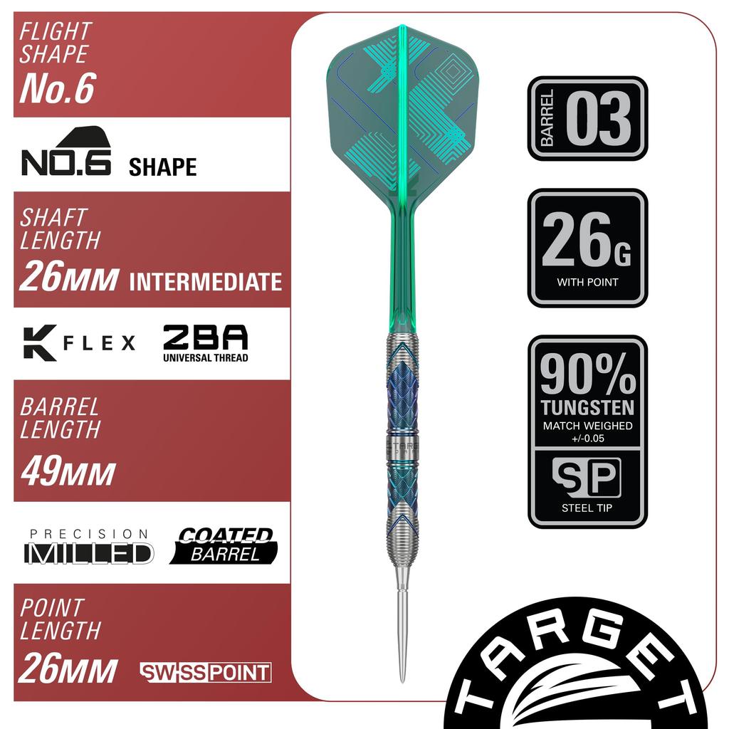 Target Japan Kaze Series Ceros 03 Steel Tip E Kflex Darts Set 26G 90% Tungsten Barrel, K-Flex Flights & Rods, Storm Swiss Tips, LNC Tips