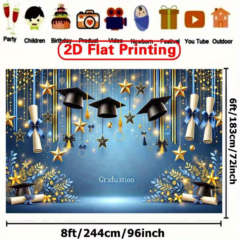2D Graduation Banner, Blue & Gold Star Backdrop for Photoshoot & Celebration