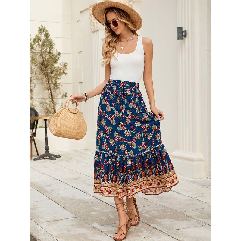 

Bohemia Rayon Positioning Print Cut Out Patchwork Ruffled Mid Length Long Length Skirt Seaside Beach Swing Skirt Deep Blue XL