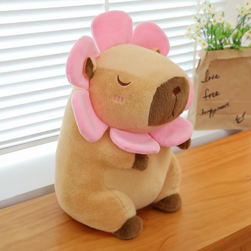 Adorable Pink And Brown Sunflower Capybara Plush Toy Soft Pillow For Kids And Girls