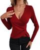 Spring and Autumn Women's Blouse Long-sleeved V Neck Asymmetric Three Buttons Sexy Elegant Wind Solid Colour Slim Top