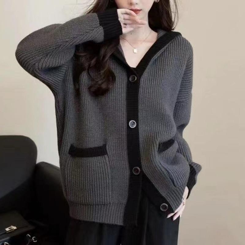Lockerer Colorblock-Kapuzenpullover Damen Strickjacke Dicke Jacke