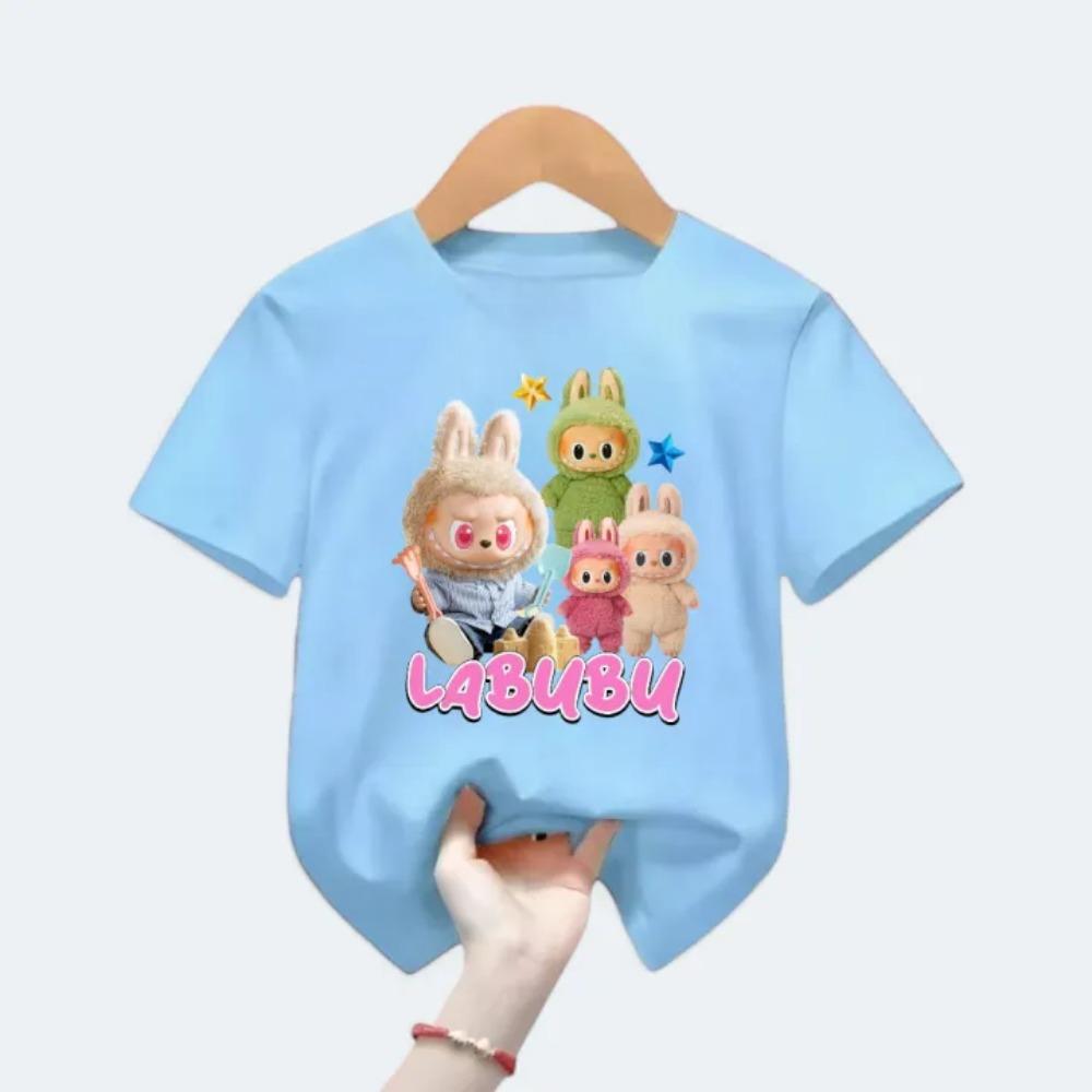 

Новая детская футболка Labubu с различными уродливыми и милыми рисунками LABUBU для девочек, с круглым вырезом, коротким рукавом, повседневная, универсальная одежда 100