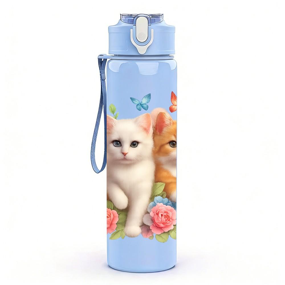 1PC Three Cats Floral Portrait 750ml Color Plastic Sports Water Bottle Leakproof Flip Straw Lid Suitable for Sports Office Home Use