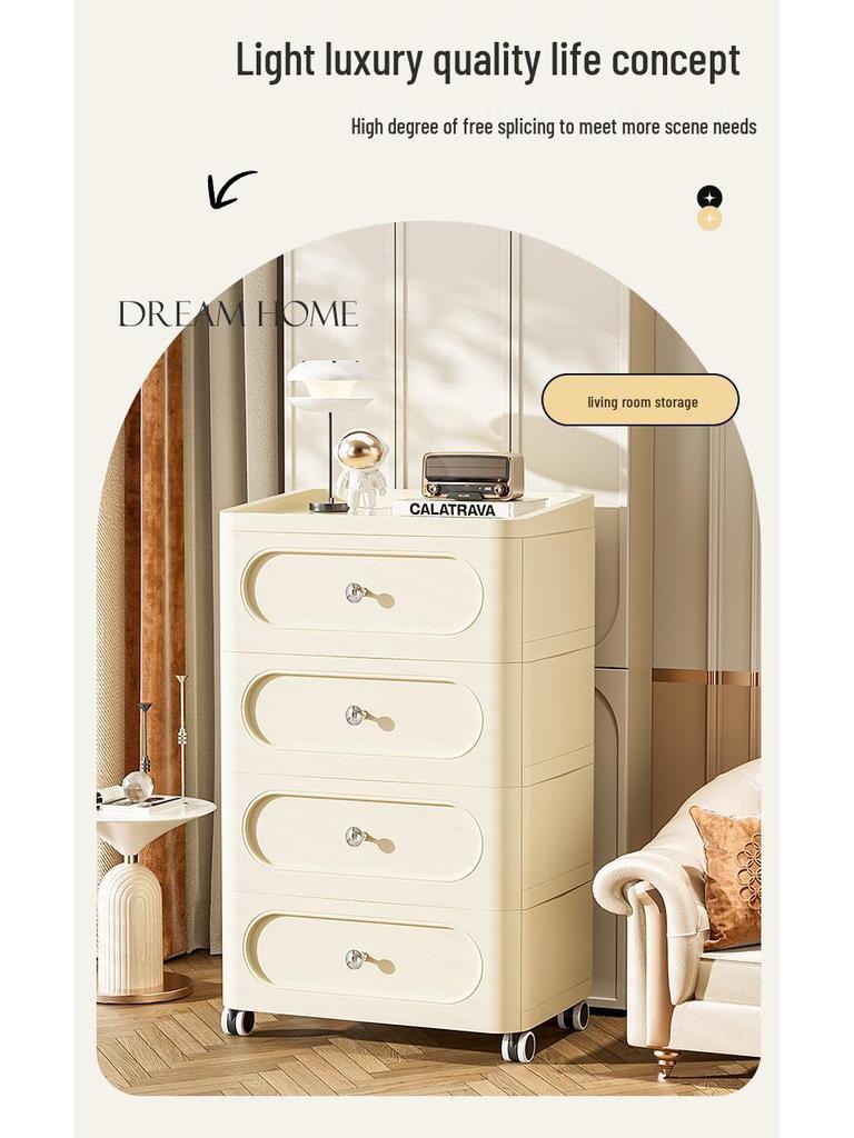 Cream Style Plastic Storage Cabinet: Thick Drawer-Type Bedside Table for Bedroom or Living Room Snack Storage.